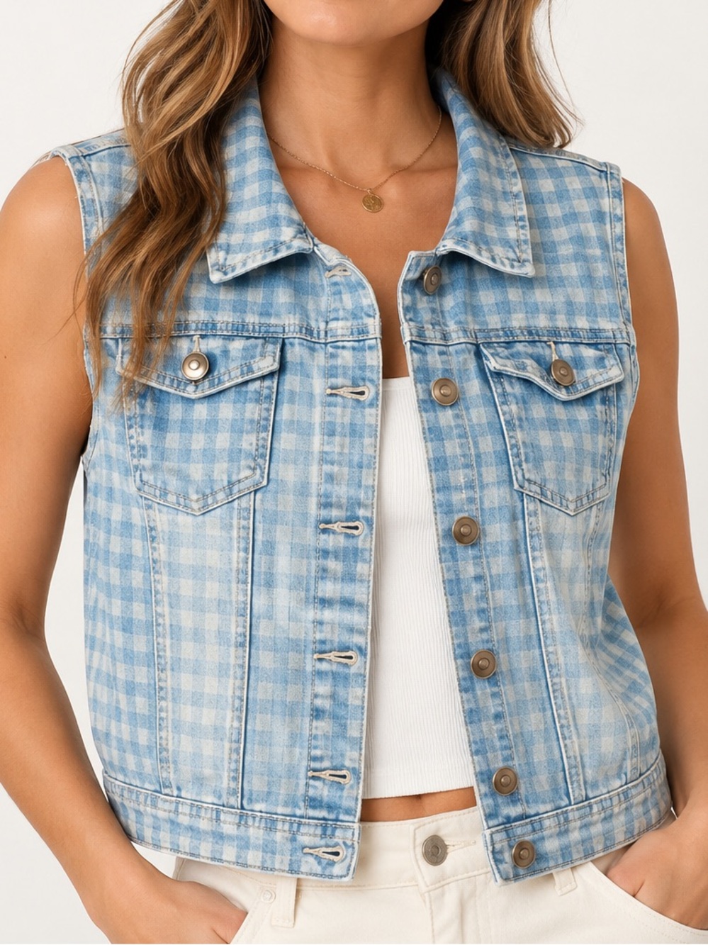 Baccini Blue Gingham Plaid Denim Button Front Sleeveless Vest. Size PXL